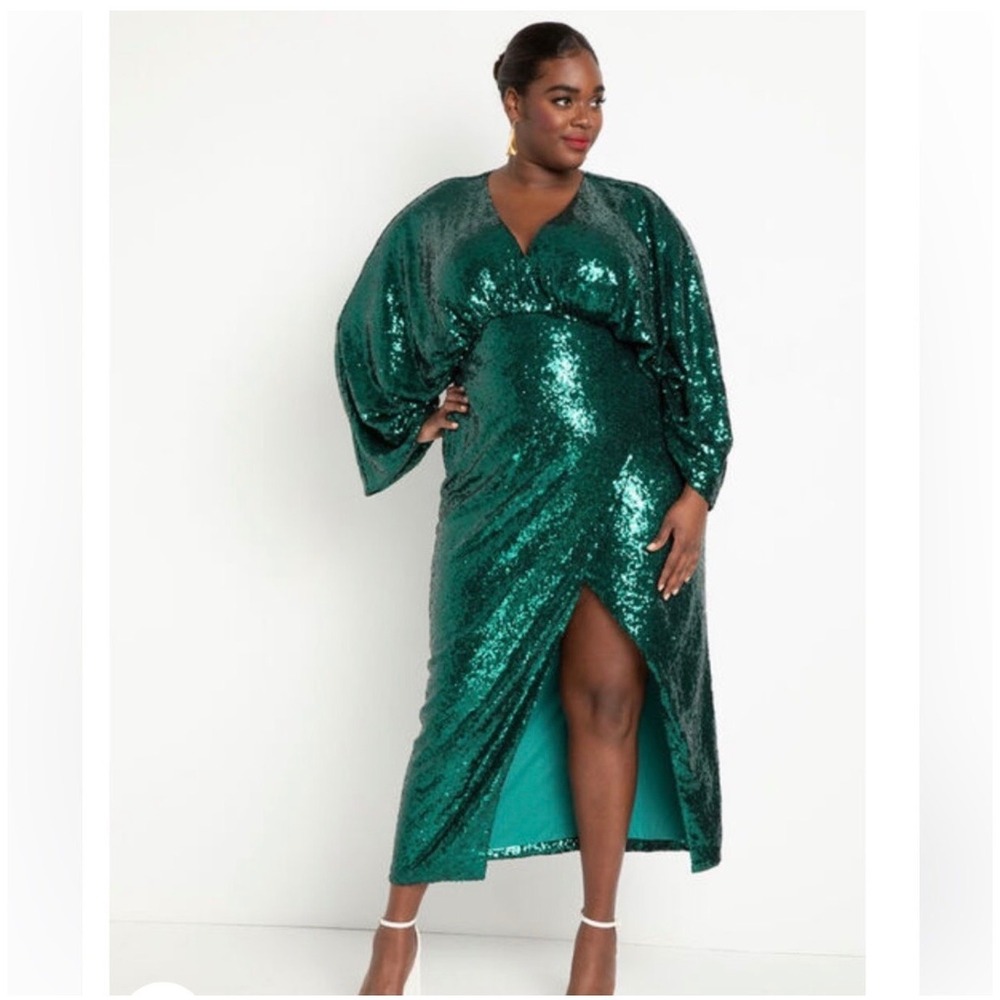 Eloquii Emerald Dolman Sleeve SequinSparkly Glam Cocktail‎ Dress Womens 16 Green